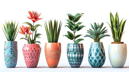 Assorted Retro Desert Rose Trees and Snake Plants in Nordic Vases on Furniture Cutouts - Isolated...
