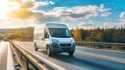 Obraz premium White modern delivery small shipment cargo courier van moving fast on motorway road to city