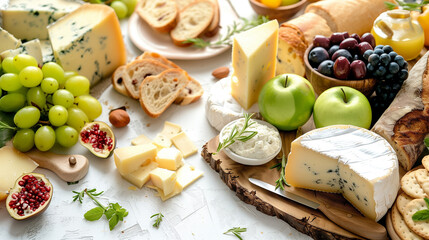 Top view of a beautiful brunch table with cheese assortments and fruits and spread and bread and crackers on white background
