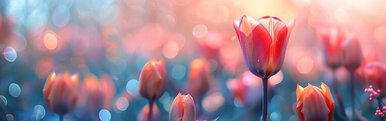 Blooming Spring Tulip Closeup on Pastel Bokeh Background