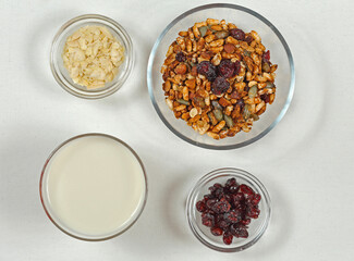 Healthy Mix of Muesli Granola With Almond Flakes Cranberry and Milk Bowl Tabletop