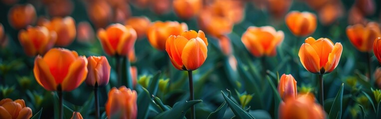 Orange Parrot Tulips in Bloom: Close-Up Shot of Beautiful Flowerbeds in a Dutch Public Garden with a Moody Dark Background - Spring Floral Scene