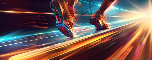 Dynamic Athletic Shoes in Action on Track with Blazing Speed Trails and Explosive Energy Background