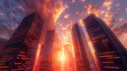 Skyscrapers against the sky high-rise buildings at sunset cityscape with skyscrapers 3D rendering