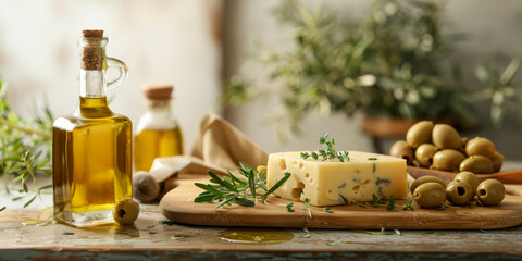 Gourmet Olive Oil and Cheese Platter with Fresh Herbs on Wooden Board