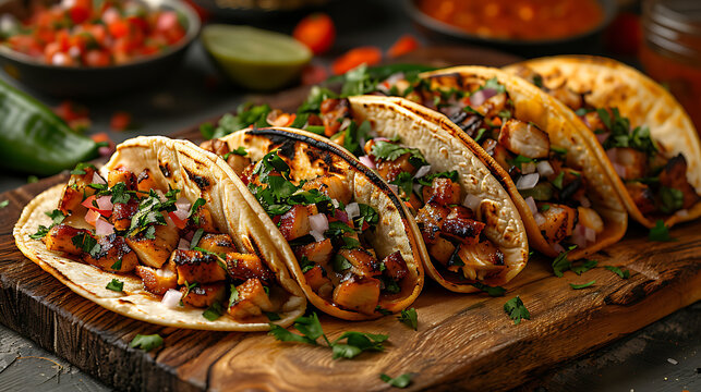 Four Mexican street food tacos  on top of serving wooden board
