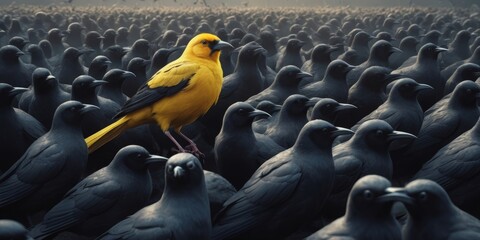 Obraz premium a yellow bird surrounded by many black birds