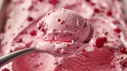 spoon taking out a scoop of strawberry ice cream making motion and black background