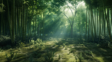 A serene bamboo forest with sunlight filtering through the dense canopy, casting dappled shadows on the ground