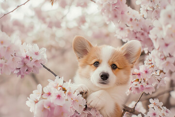 Adorable Corgi Puppy Among Blossoming Cherry Flowers