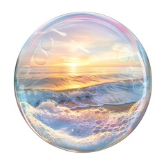 Beautiful beach and ocean in a shiny bubble. Travel concept and travel agency advertising.