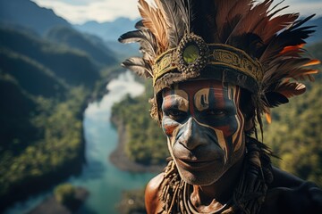 Portrait of a man with ritual face painting on Papua New Guinea. Generative ai. Headdress with...