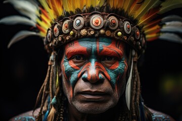 Portrait of a man with ritual face painting on Papua New Guinea. Generative ai. Headdress with feathers. Historical festival of natives in national clothes and traditional colorful makeup.