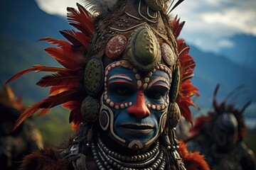 Obraz premium Portrait of a man with ritual face painting on Papua New Guinea. Generative ai. Headdress with feathers. Historical festival of natives in national clothes and traditional colorful makeup.