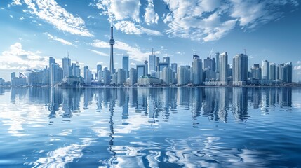 Blue tone panorama of waterfront city skyline with reflection. - obrazy, fototapety, plakaty