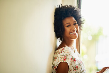 Black woman, happy and reading in portrait, hobby and peace for relax, fun or leisure in home with...