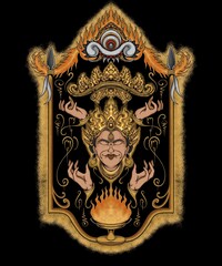 Mystical Guardian Deity with flames and ornate archway