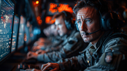 Obraz premium Military headquarters, military in front of the screen