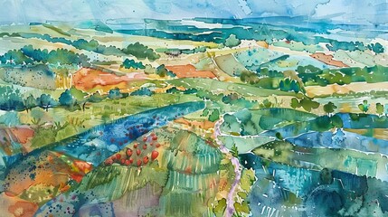 Immerse viewers in a dreamy watercolor depiction of an aerial view of a sprawling, painterly strawberry fieldEach delicate stroke should evoke a sense of nostalgia and summers sweetness, inviting a se