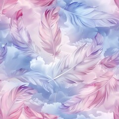 Fototapeta premium Pattern of feathers and clouds in light pastel colors