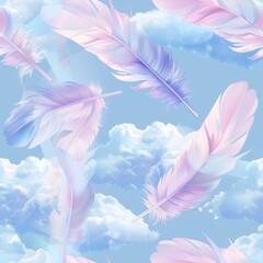 Pattern of feathers and clouds in light pastel colors