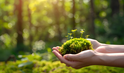 Sustainable Future: Hands Holding a Lush Green Moss Ball in Forest Setting