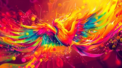 Fototapeta premium A majestic phoenix soars through the sky, its wings trailing a rainbow of fire.