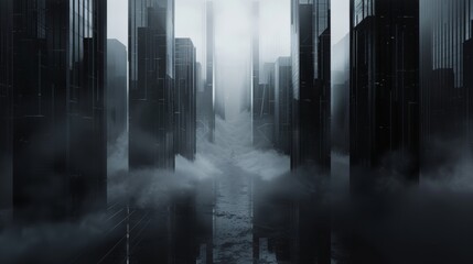 3d urban abstract background with dark sky and black buildings futuristic city panorama illustration. 