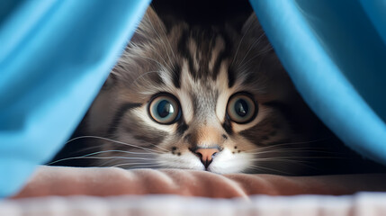 A cat peeks from behind