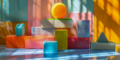 Vibrant Wooden Blocks and Ball in Sunlight A Colorful Playtime Scene