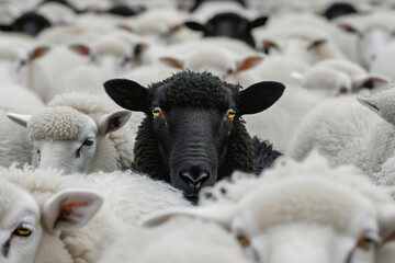 Black sheep in the middle of a white flock, a crowd of sheep around the black one looking at the camera, a concept of individuality and atomization among modern society