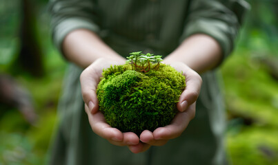 Sustainable Future: Hands Holding a Lush Green Moss Ball in Forest Setting - Powered by Adobe