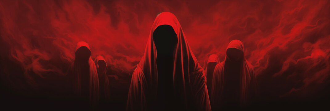 People in red cloaks and hoods perform a magical sectarian religious ceremony. The black magicians of the sect perform the rite