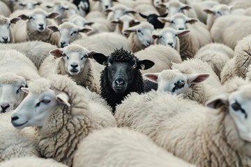 Black sheep in the middle of a white flock, a crowd of sheep around the black one looking at the camera, a concept of individuality and atomization among modern society