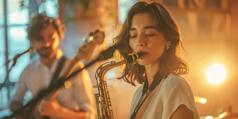 Jazz Night Female Saxophonist Performs with Band in Ambient Setting