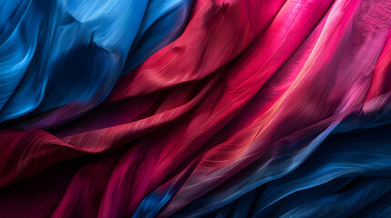 closeup of abstract fractal design of red and blue fabric drape background. Generative AI.