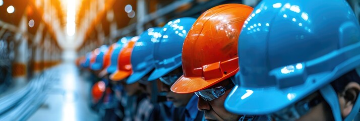 Construction workers in electric blue hard hats and safety glasses