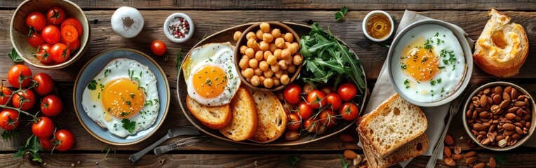 Rustic Family Brunch: Delicious Breakfast Spread on Wooden Table - Overhead View with Copy Space - Powered by Adobe