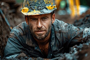 Obraz premium A man with facial hair and a hard hat is mudcovered