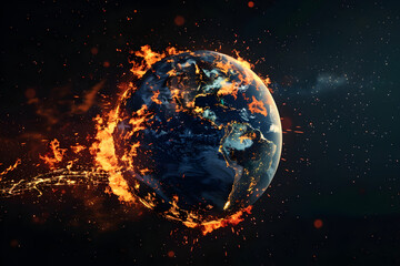 The earth bursts with fire as global warming causes the climate to change, space view of the world burning. Illustration of a burning earth due to climate change.