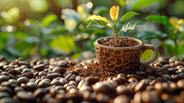 Coffee beans with a plant growing out of them in a coffee cup. The background is blurred.