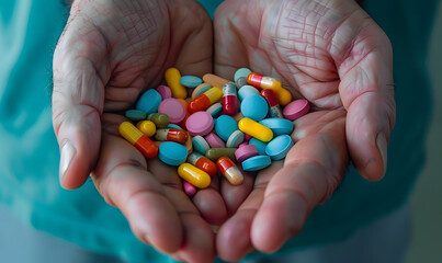 Close up hands holding different pills