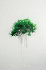 Green bush with white paint dripping on white background. Minimal concept.