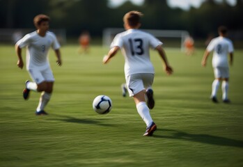 A sports field, with blurred soccer players in motion, blending into the grassy background, generative AI