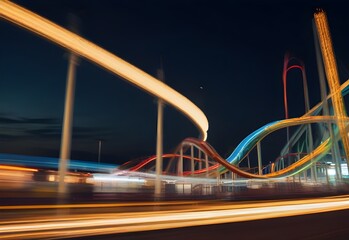 An amusement park, with blurred roller coasters and riders streaking through the scene, generative AI