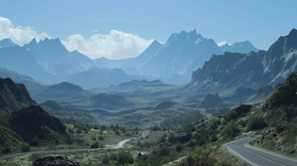 A serene mountain pass with winding roads, framed by towering peaks and a clear blue sky. - Powered by Adobe