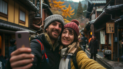 Obraz premium 日本観光の自撮りしている外国人旅行客