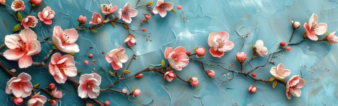 Pastel Spring Floral Border: Beautiful Pink Flowers on Blue Table in Flat Lay Style View