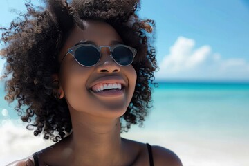 A young black woman with curly hair wearing sunglasses smiling and  enjoying summer vacation .