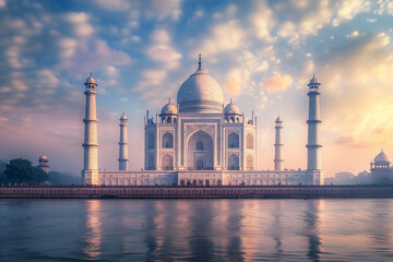 Fototapeta na wymiar Taj Mahal in Agra India with views of the monument at sunrise and sunset showing its beautiful architecture and reflective marble